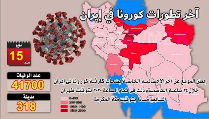 أحدث احصائيات وفيات كورونا في إيران في إيران عدد ضحايا كورونا في 318 مدينة أكثر من 41700 شخص وزارة الصحة تعلن أن عدد المصابين خلال الـ24 ساعة الماضية كان 2102 شخصًا وهو أعلى رقم منذ 40 يومًا مضى.