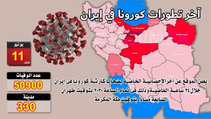 أعلنت منظمة مجاهدي خلق الإيرانية بعد ظهر اليوم الخميس، 11 يونيو 2020، أن عدد ضحايا كورونا في 330 مدينة في إيران قد تجاوز 50900 شخص.
