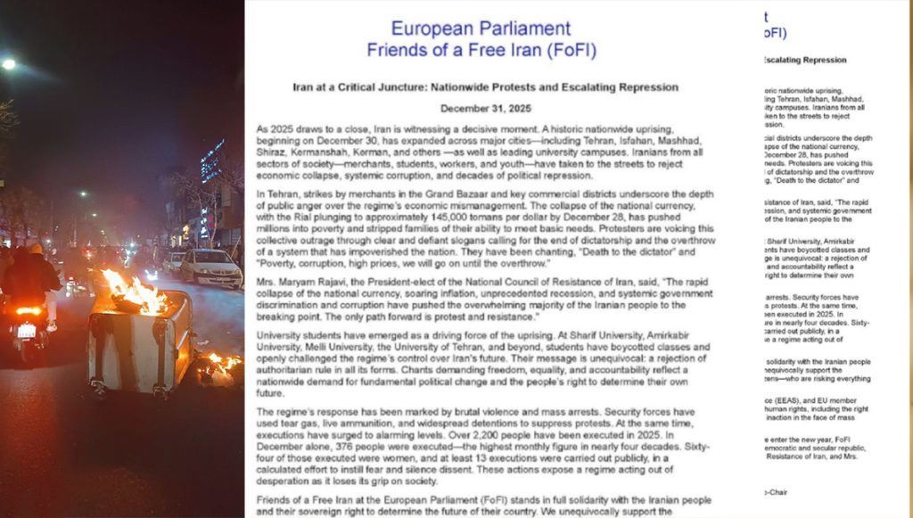 بيان "أصدقاء إيران حرة" في البرلمان الأوروبي: دعم الانتفاضة الوطنية وإدانة القمع الممنهج في موقف سياسي لافت يحمل دلالات ثقيلة، أصدرت مجموعة «أصدقاء إيران حرة» (FoFI) في البرلمان الأوروبي بيانًا عاجلًا تزامن مع نهاية عام 2025،