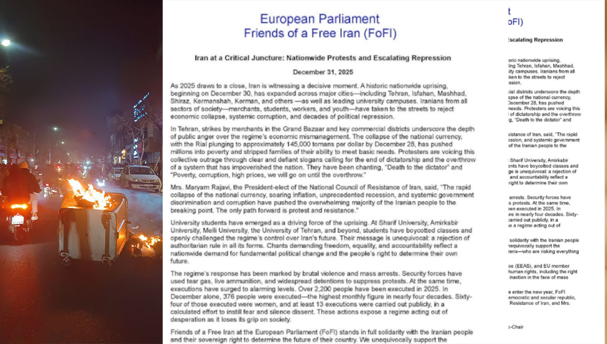 بيان "أصدقاء إيران حرة" في البرلمان الأوروبي: دعم الانتفاضة الوطنية وإدانة القمع الممنهج في موقف سياسي لافت يحمل دلالات ثقيلة، أصدرت مجموعة «أصدقاء إيران حرة» (FoFI) في البرلمان الأوروبي بيانًا عاجلًا تزامن مع نهاية عام 2025،