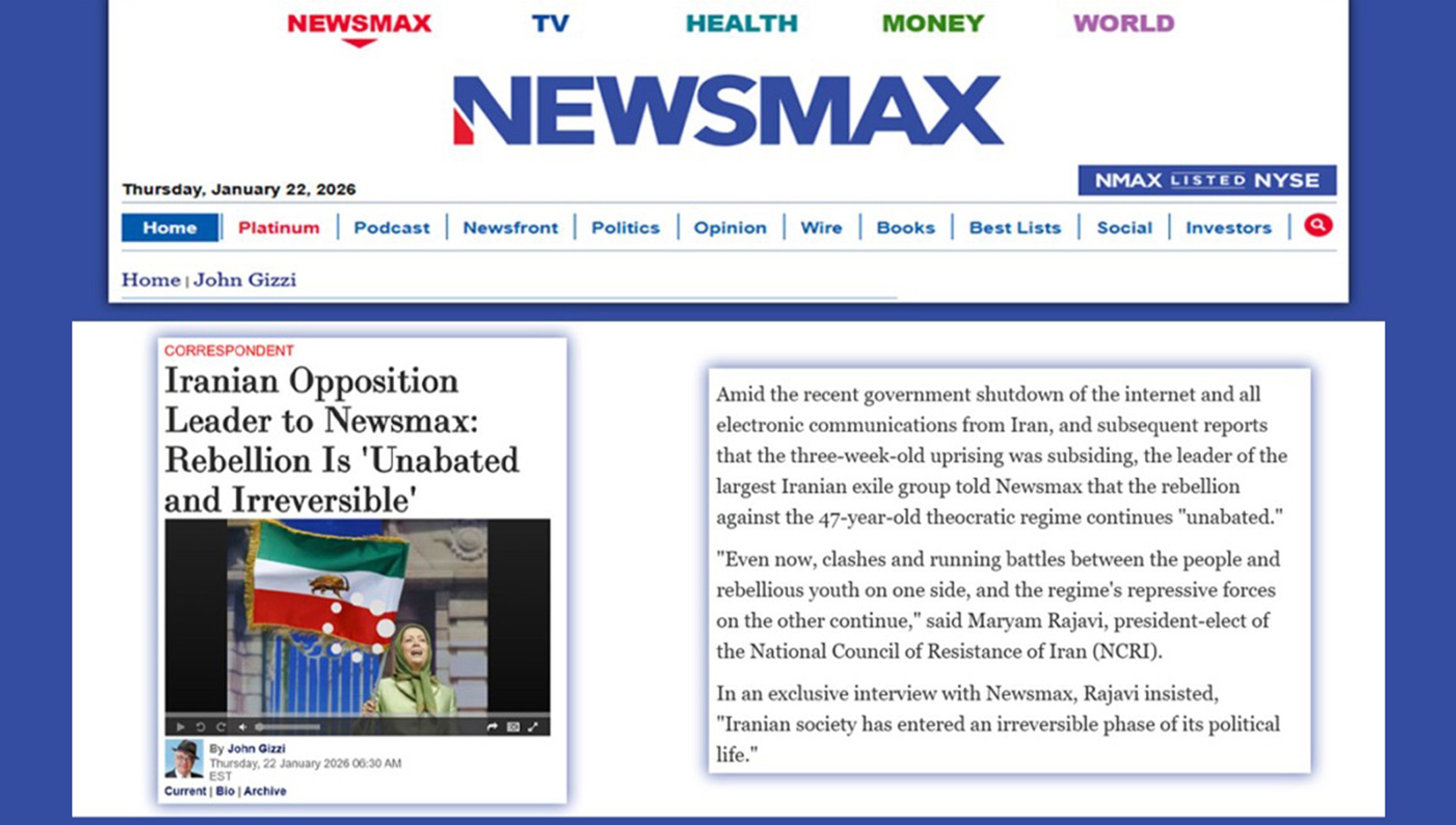 مريم رجوي: انتفاضة إيران دخلت مرحلة الحسم… لا عودة إلى الوراء ولا خلاص إلا بإرادة الشعب في حوار سياسي لافت مع موقع “نيوزماكس” الإخباري الأميركي، رسمت السيدة مريم رجوي، الرئيسة المنتخبة للمجلس الوطني للمقاومة الإيرانية، ملامح مرحلة جديدة في تاريخ الصراع داخل إيران،