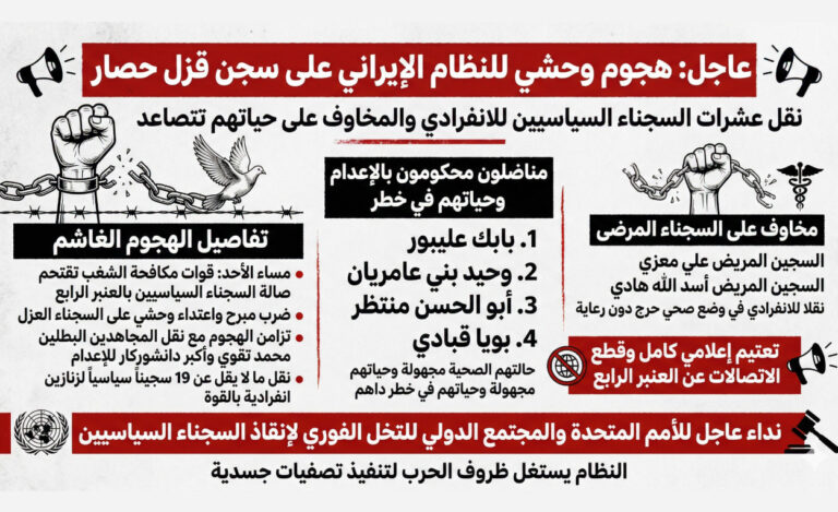 هجوم وحشي لقوات مكافحة الشغب التابعة لنظام الإيراني على السجناء السياسيين ونقل العشرات للزنازين الانفرادية شهد سجن قزل حصار مساء يوم الأحد هجوماً وحشياً شنه أفراد وحدة مكافحة الشغب