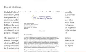 اللجنة الدولية للبحث عن العدالة: محاولة فرض ابن الشاه المخلوع تقوض المقاومة ضد النظام الإيراني وتخدم الاستبداد وجهت اللجنة الدولية للبحث عن العدالة (ISJ) رسالة حاسمة إلى ديفيد مكاليستر