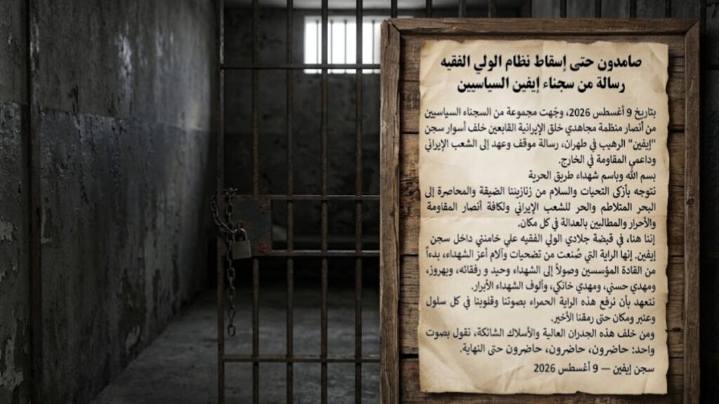 رسالة من سجناء إيفين السياسيين: صامدون حتى إسقاط نظام الولي الفقيه بتاريخ 9 أغسطس 2026 ، وجّهت مجموعة من السجناء السياسيين من أنصار منظمة مجاهدي خلق الإيرانية القابعين خلف أسوار سجن “إيفين” الرهيب في طهران،