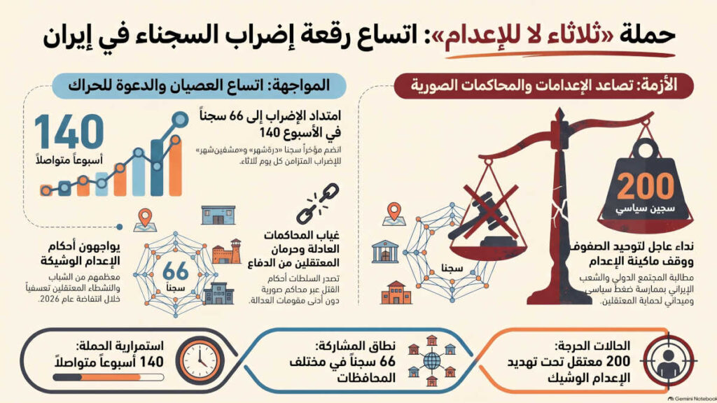 وسع السجناء السياسيون في إيران حملة الإضراب عن الطعام لتشمل 66 سجناً، احتجاجاً على تصاعد الإعدامات والمطالبة بوقف تنفيذ الأحكام واحترام حقوق السجناء