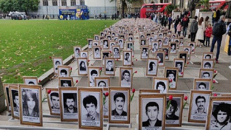 Exhibition in memory of victims of 1988 Massacre in Iran outside UK parliament