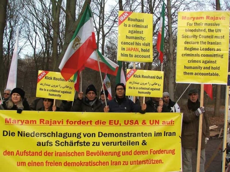 Iranians demonstrate in front of Japanese Embassy to condemn Hassan Rouhani's trip to Tokyo