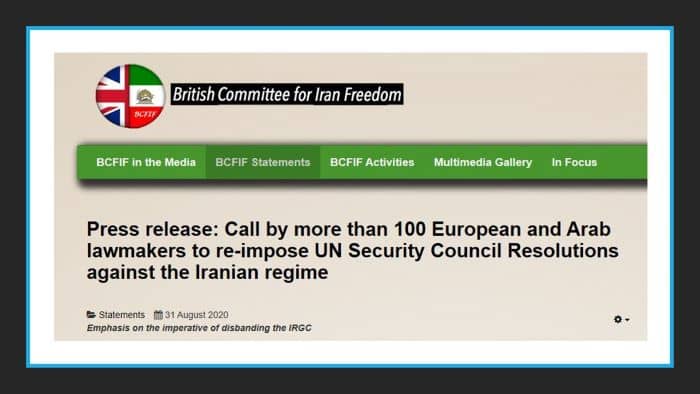 Call by more than 100 European and Arab lawmakers to re-impose UN Security Council Resolutions against the Iranian regime; Emphasis on the imperative of disbanding the IRGC