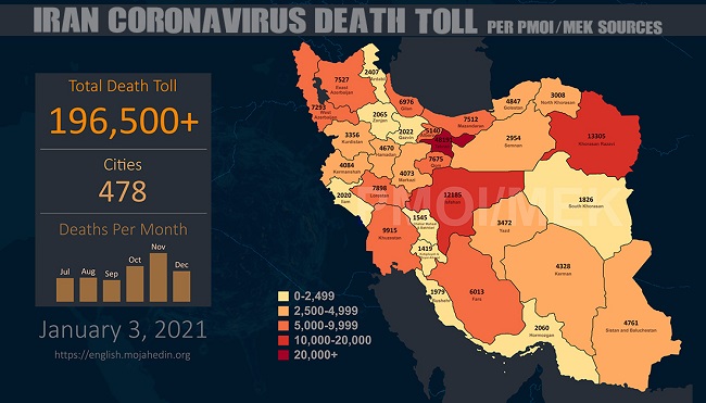 Over 196,500 Iranians have now died from the coronavirus, according to the People’s Mojahedin Organization of Iran (PMOI / MEK Iran) on January 4, with the virus identified in 478 cities.