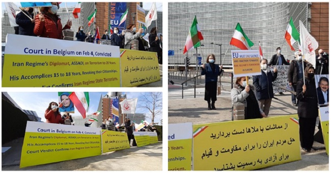 Wednesday, 24 March 2021, Iranians, supporters of the NCRI and the MEK, carry the posters of Iranian opposition leaders Maryam and Massoud Rajavi at a rally as the US Secretary of State, is visiting Brussels to attend the NATO Foreign and Defense Ministers meeting and to hold talks with EU leaders.