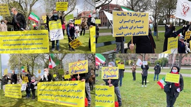 April 5, 2021- Belgium, Brussels: Iranians, supporters of the National Council of Resistance of Iran(NCRI), rallied in front of the Iranian regime consulate in Brussels, expressing their outrage towards Iran-China's disgraceful treaty.