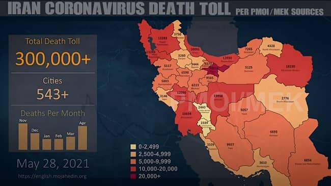 May 28, 2021—According to the People’s Mojahedin Organization of Iran, the number of coronavirus fatalities in Iran surpassed a staggering number of 300,000.