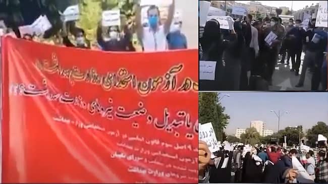 On Tuesday, 18 May 2021, “green report card” teachers from various cities gathered in front of the parliament in Tehran to reiterate their demands from the government. On Wednesday 19 May 2021, having received no definitive answer from the government, the teachers returned for their rally and chanted, “Raise your voices teachers, demand your rights.”