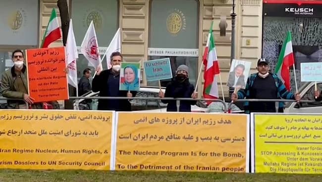 Austria, Vienna, 7 May 2021: Supporters of the People's Mojahedin of Iran Organization(PMOI/MEK) and the National Council of Resistance of Iran(NCRI) demonstrated in Vienna Simultaneously (JCPOA) Joint Commission's meeting.