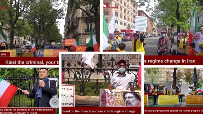 May 2021— Iranian supporters of the People’s Mojahedin Organization of Iran(PMOI/MEK) and the National Council of Resistance of Iran(NCRI) hold rally against the Iranian regime’s sham presidential election and Javad Zarif’s visit to some European countries in Paris, Ottawa, Vienna, Dublin and Rome.