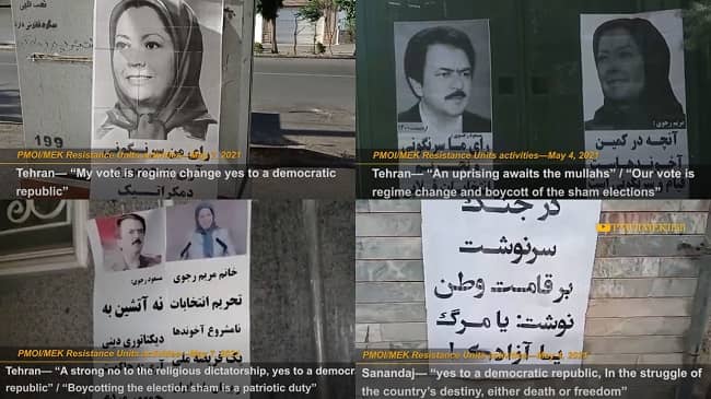 During the first week of May 2021, Mujahedin-e Khalq (MEK/PMOI) supporters and the Resistance Units called for a boycott of the mullahs’ sham presidential election by installing banners and placards, writing graffiti, and distributing leaflets throughout Iran.