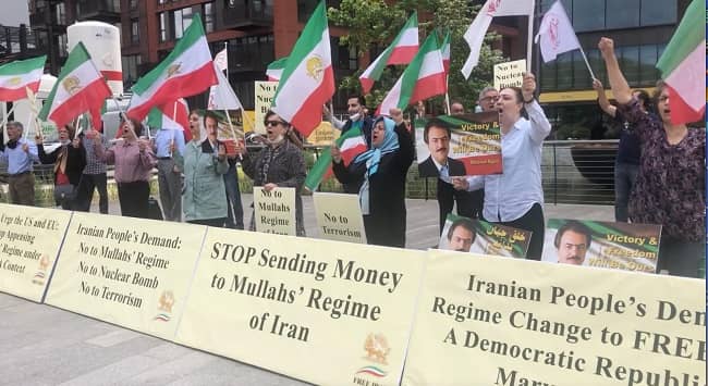 London, June, 11, 2021: Rally by supporters of Iran's democratic opposition coalition NCRI during G7 Summit and call for Regime Change and a free Iran and call on G7 and stand on the side of the people of Iran.