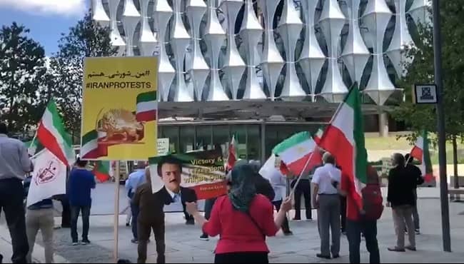 London 12 June 2021: On the second day of the G7 summit in support of the Iranian resistance(NCRI and MEK), demonstrators in front of the US Embassy in London called on the G7 leaders to support the Iranian people's desire to overthrow the regime and establish freedom and democracy in Iran.