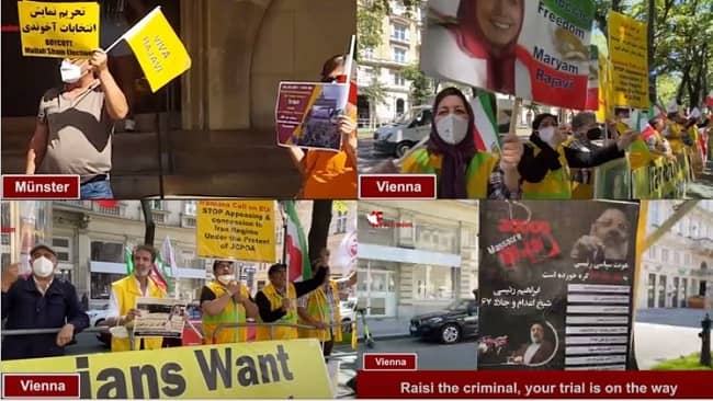 On June 2, 2021, Iranian supporters of the People’s Mojahedin Organization of Iran (PMOI/MEK) and the National Council of Resistance of Iran (NCRI) held rallies in Vienna and Münster against the dictatorship in Iran. They chanted slogans against the Iranian regime candidates for the coming sham presidential election in Iran.