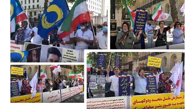 July 22, 2021, London: Iranians supporters of the National Council of Resistance of Iran(NCRI) and the People Mojahedin Organization of Iran(PMOI/MEK) hold a rally in solidarity with the brave people of Khuzestan who are being killed and wounded by the brutal repressive forces of Iran's regime. They are thirsty for water and freedom.