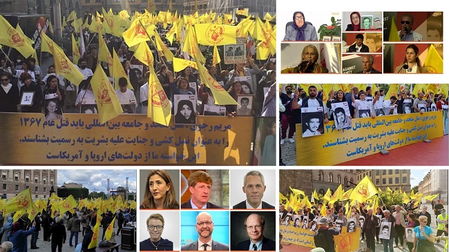 Monday, August 23, 2021, on the sixth day of the trial of the executioner Hamid Noury, the supporters of the MEK and the families of the martyrs of the 1988 massacre and the plaintiffs and witnesses of the Noury's trial staged a large demonstration in Stockholm, Sweden.