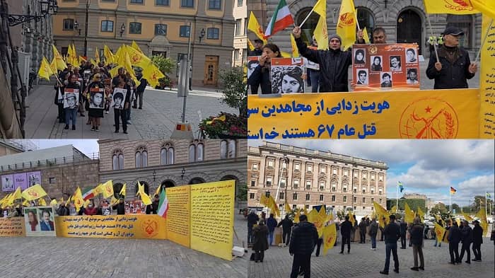 —On Thursday, September 9, 2021, Iranians, supporters of the People's Mojahedin Organization of Iran(PMOI/MEK), gathered in front of the Swedish Parliament. Iranians chanting: “4 decades of crime, death to this regime”.