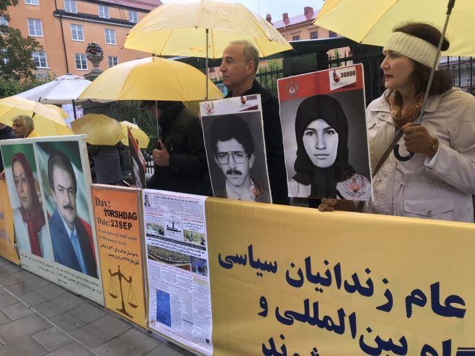 Thursday, September 23, 2021: MEK supporters demonstrated in front of the central court of Stockholm at the 20th session of Hamid Noury’s trial, the executioner of the 1988 massacre.