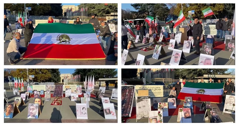 Friday, November 19, 2021 — Freedom-loving Iranians, supporters of the People's Mojahedin Organization of Iran (PMOI/MEK), held a rally in front of the U.N. European Office in Nations Square in Geneva, Switzerland, in support of the protests of farmers and the people of Isfahan and the anniversary of the November 2019 uprising.