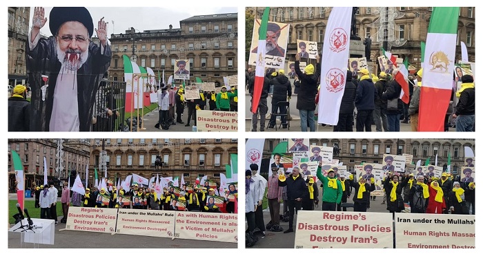 November 1, 2021 — Glasgow: On Monday, November 1, freedom-loving Iranians, supporters of the People's Mojahedin Organization of Iran (PMOI/MEK) staged a protest rally in the city at the same time as the Glasgow Climate Change Summit.