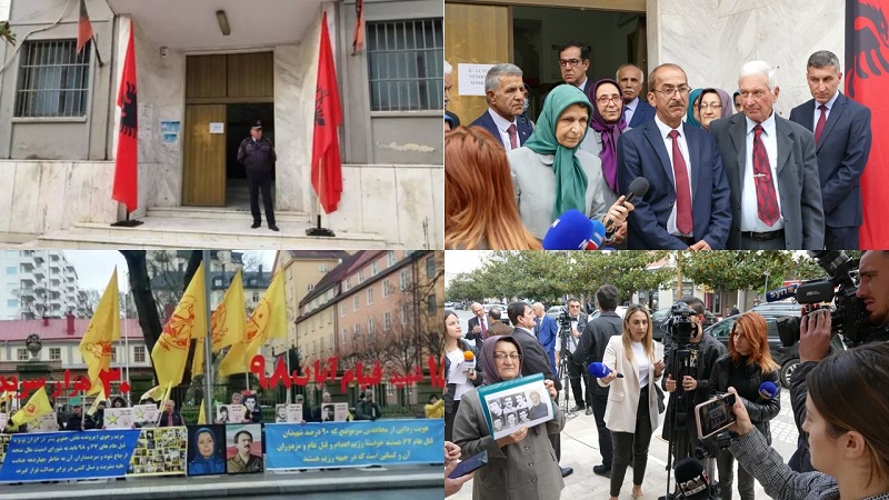 Trial of the executioner Hamid Noury in Durrës, Albania and witnesses and plaintiffs of the 1988 massacre in front of the court and the gathering of MEK supporters in Sweden in front of the Stockholm court