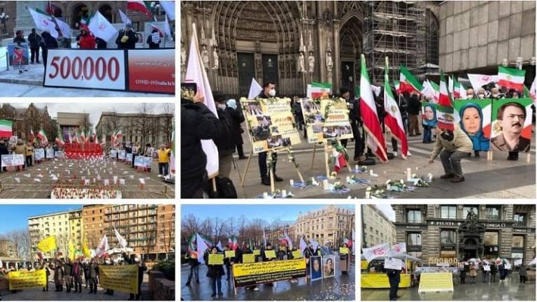 January 29, 2022: Demonstrations by freedom-loving Iranians, supporters of the People's Mojahedin Organization of Iran (PMOI/MEK) in honor of the catastrophic statistics of half a million coronavirus victims.