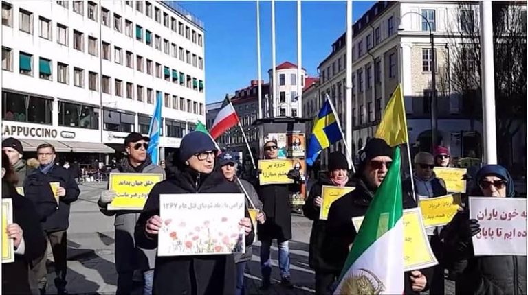 February 26, 2022, Sweden: Freedom-loving Iranians, supporters of the People’s Mojahedin Organization of Iran(PMOI/MEK) demonstrated in Gothenburg and Malmö. MEK supporters called for the trial of the mullahs’ regime leaders, especially supreme leader Ali Khamenei and Mass Murderer Ebrahim Raisi, for crimes against humanity, and expressed their support for the Iranian teachers’ nationwide protests.