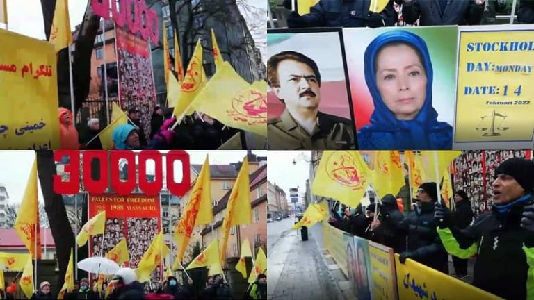 Stockholm, Sweden, Monday, February 14, 2022: Freedom-loving Iranians, supporters of the People’s Mojahedin Organization of Iran (PMOI/MEK), demonstrated in front of the Stockholm Courthouse. At the same time, started the 64th trial of the executioner Hamid Noury, one of the executioners of the 1988 massacre.