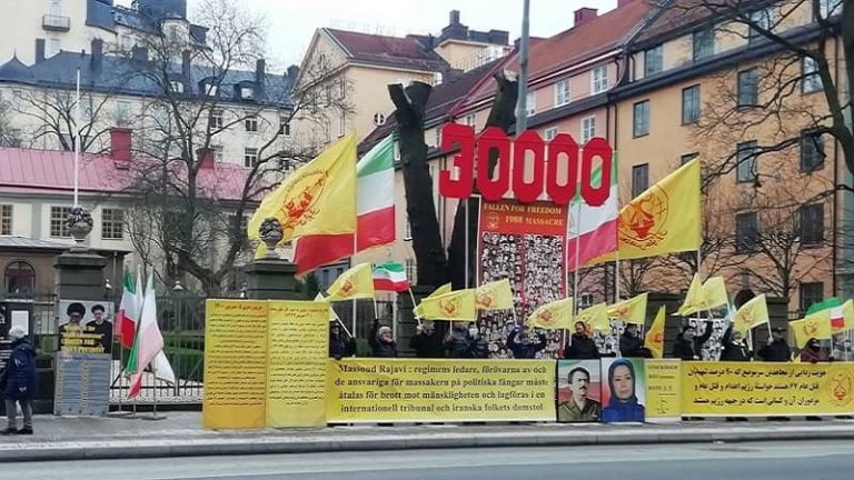 Stockholm, Sweden, Tuesday, February 15, 2022: Freedom-loving Iranians, supporters of the People’s Mojahedin Organization of Iran (PMOI/MEK), demonstrated in front of the Stockholm district court. At the same time, started the 65th trial of the executioner Hamid Noury, one of the executioners of the 1988 massacre.