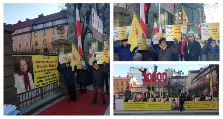 STOCKHOLM, SWEDEN, Friday, February 11, 2022: Freedom-loving Iranians, supporters of the People's Mojahedin Organization of Iran (PMOI/MEK), gathered in front of the Stockholm Courthouse. At the same time, started the 63rd trial of the executioner Hamid Noury, one of the executioners of the 1988 massacre.