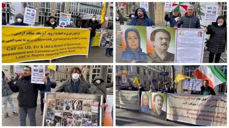 February 9, 2022—Vienna, Austria: Freedom-loving Iranians, Iranian resistance supporters (NCRI/MEK) demonstrated against nuclear defiance of the mullahs regime and the appeasement policy toward the regime.