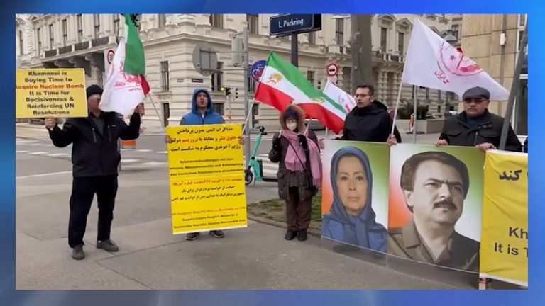 February 21, 2022—Vienna, Austria: Freedom-loving Iranians, supporters of the People’s Mojahedin Organization of Iran (PMOI/MEK), took a protest rally against nuclear program of the mullahs' regime.