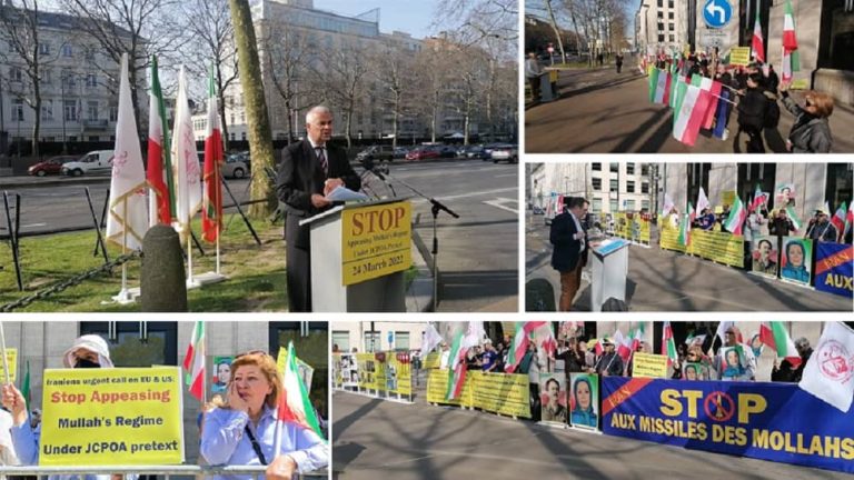 Brussels, March 24, 2022: Iranian community in Belgium, supporters of the National Council of Resistance of Iran (NCRI), and the People's Mojahedin Organization of Iran (PMOI/MEK)staged a rally in Brussels in front of the U.S. embassy.