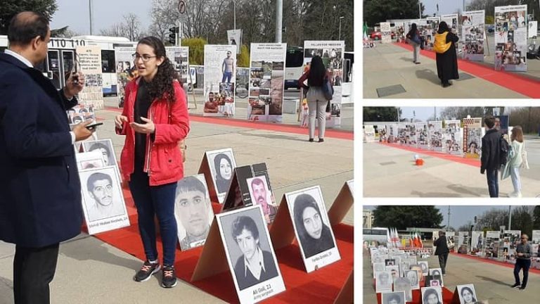 Geneva, Switzerland, March 17, 2022: Freedom-loving Iranians, supporters of the People's Mojahedin Organization of Iran (PMOI/MEK) held an exhibition in memory of 30,000 political prisoners executed by the mullahs' regime during the summer of 1988, in Square of Nations.