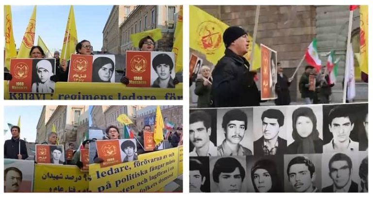 Stockholm, March 17, 2022: Freedom-loving Iranians, supporters of the People's Mojahedin Organization of Iran (PMOI/MEK), rally in front of Sweden parliament. They are seeking justice for 30,000 political prisoners executed by the mullahs’ regime in the1988 massacre.