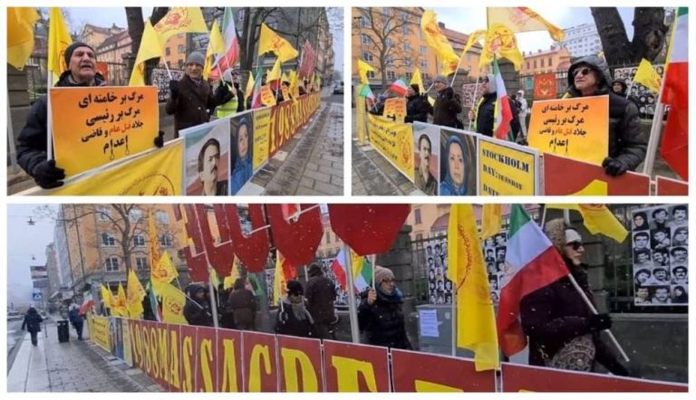 Sweden, March 29, 2022: Freedom-loving Iranians, supporters of the People's Mojahedin Organization of Iran (PMOI/MEK), rally in front of Stockholm court. MEK supporters are seeking justice for 30,000 political prisoners executed by the mullahs’ regime in the1988 massacre.