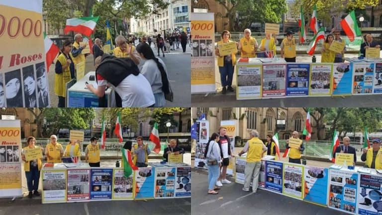 Sydney, Australia, April 27, 2022: Freedom-loving Iranians, MEK supporters, held a demonstration demanding the trial of the leaders of the mullahs' regime, especially the supreme leader of the regime Ali Khamenei and the mass murderer Ebrahim Raisi and the head of the judiciary Gholam Hossein Mohseni Ejei for crimes against humanity.
