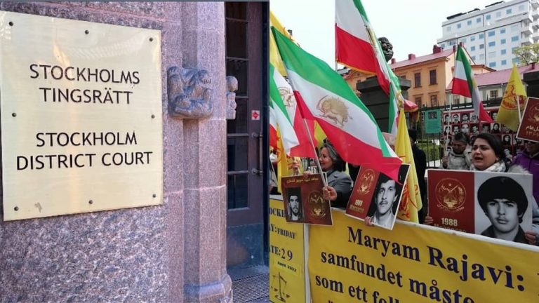 April 29, 2022 - Stockholm: Freedom-loving Iranians, MEK supporters, rallying outside the court session of the executioner Hamid Noury seeking justice for more than 30,000 political prisoners that executed in the 1988 massacre in prisons across Iran.