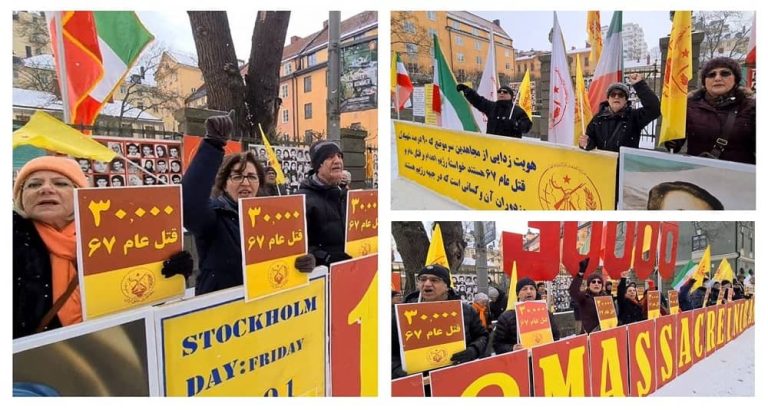 Sweden, April 1, 2022: In snowy and cold weather, freedom-loving Iranians, supporters of the People's Mojahedin Organization of Iran (PMOI/MEK), rally in front of Stockholm court. MEK supporters are seeking justice for 30,000 political prisoners executed by the mullahs’ regime in the 1988 massacre.