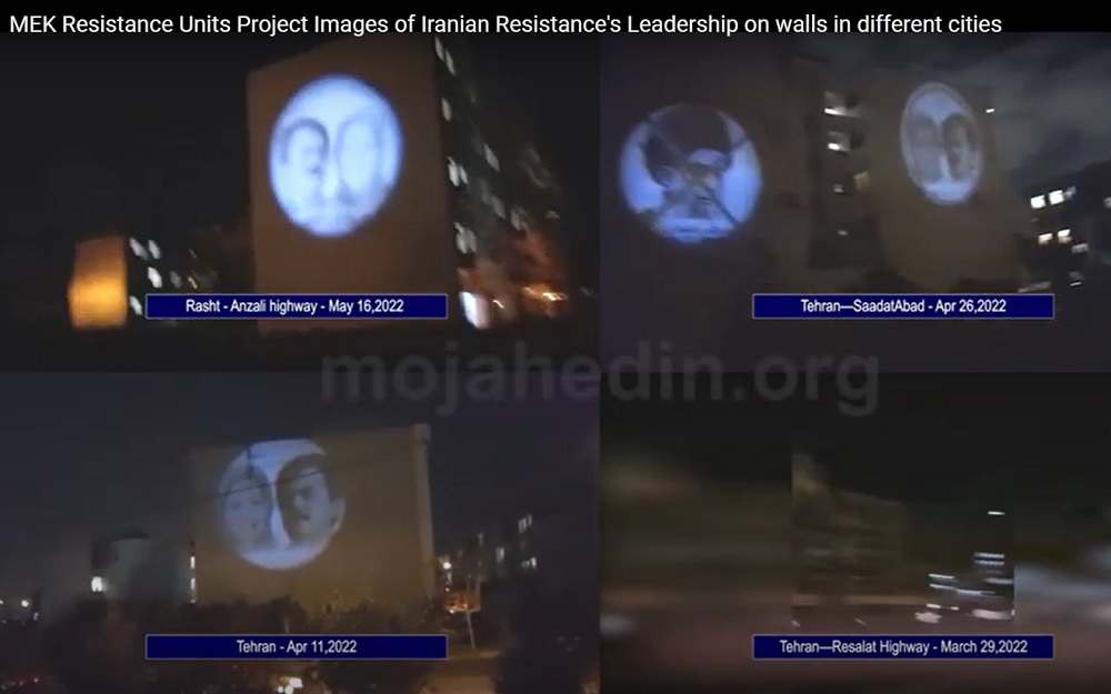In different cities, large images of Iranian Resistance leader Massoud Rajavi and Mrs. Maryam Rajavi, President-elect of the Iranian opposition coalition National Council of Resistance of Iran (NCRI), were projected on walls. Also, images of regime Supreme Leader Ali Khamenei marked by a red X sign were projected at different sites.