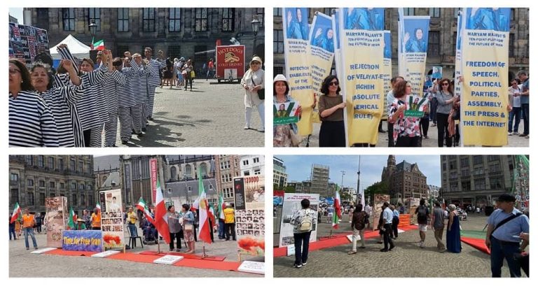 June 18, 2022-Amsterdam, The Netherlands: Freedom-loving Iranians, supporters of the People's Mojahedin Organization of Iran (PMOI/MEK), held a rally and a photo exhibition of the crimes of the mullahs in Iran during the last four decades in Dam square.