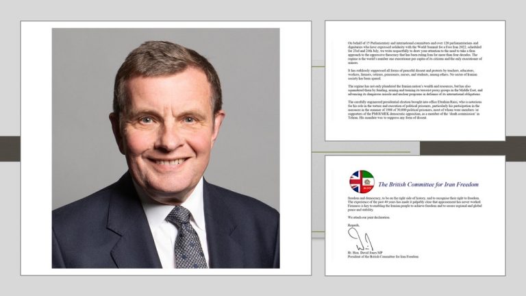 The Rt Hon David Jones MP, on behalf of 120 MPs and UK dignitaries, wrote an open letter to the UK Prime Minister Boris Johnson, endorsing the upcoming Free Iran 2022 World Summit and appealed to him for a new firm approach to Iran.