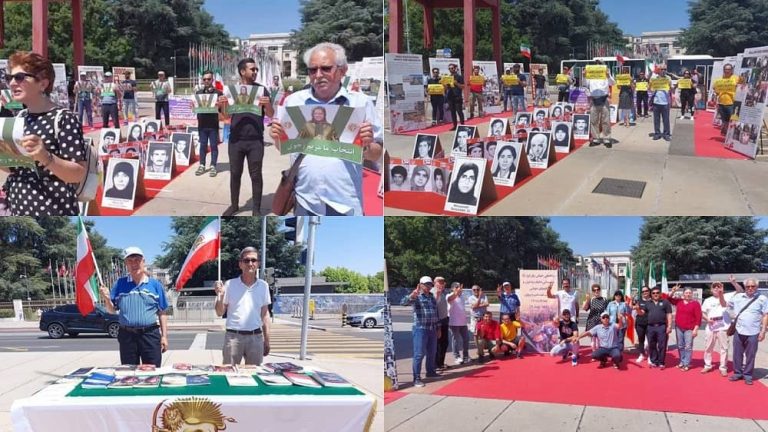 Geneva, Switzerland, June 20, 2022: Freedom-loving Iranians, supporters of the People's Mojahedin Organization of Iran (PMOI/MEK), held a rally and a photo exhibition of the crimes of the mullahs during the last four decades in front of the UN Headquarters in the "Square of Nations."