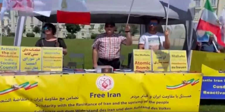 June 12, 2022—Vienna, Austria: Freedom-loving Iranians, supporters of the People's Mojahedin Organization of Iran (PMOI/MEK), demonstrated against the nuclear program of the mullahs' regime. They called on the EU and the US to refer the Iranian regime's nuclear case to the UN Security Council.