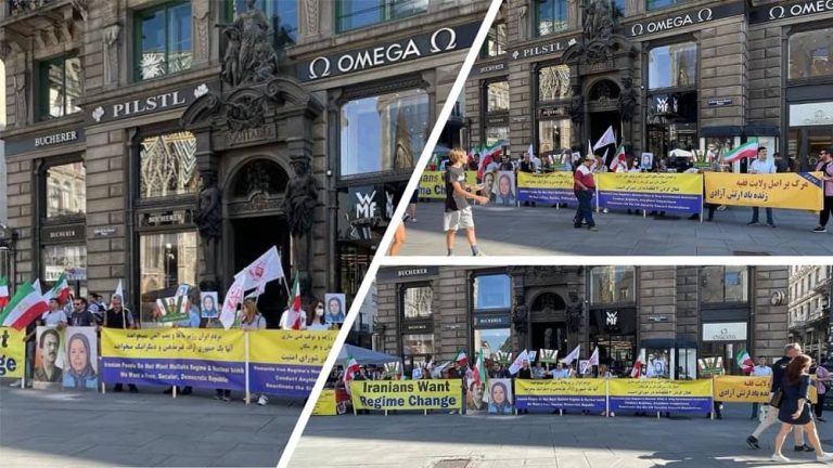 Vienna, Friday, June 17, 2022: Freedom-loving Iranians, supporters of the National Council of Resistance of Iran (NCRI) and the People's Mojahedin Organization of Iran (PMOI/MEK) gathered in Stefan Platz Square in support of the Iranian people protests and against the mullahs' regime.